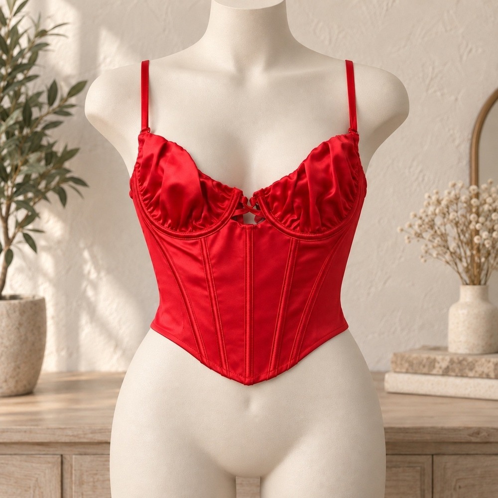 White Fox Red Satin Corset Top Ruched Underwire Bustier Size M
